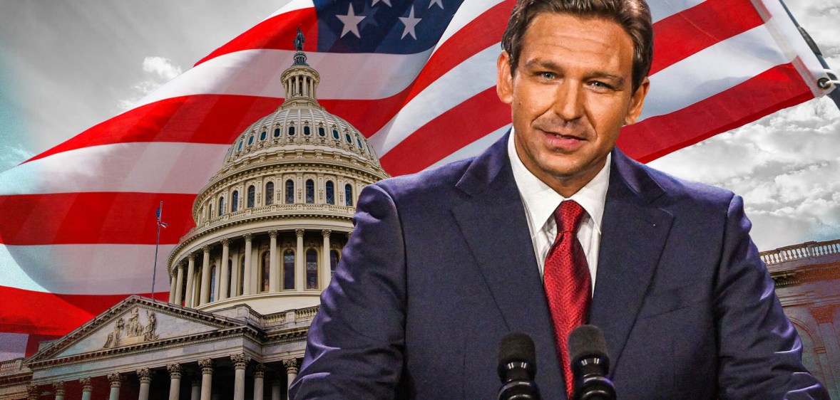 A graphic of Republican Florida governor Ron DeSantis wearing a suite and tie as he stands in front of a capitol building, the US flag as he launches his presidential campaign