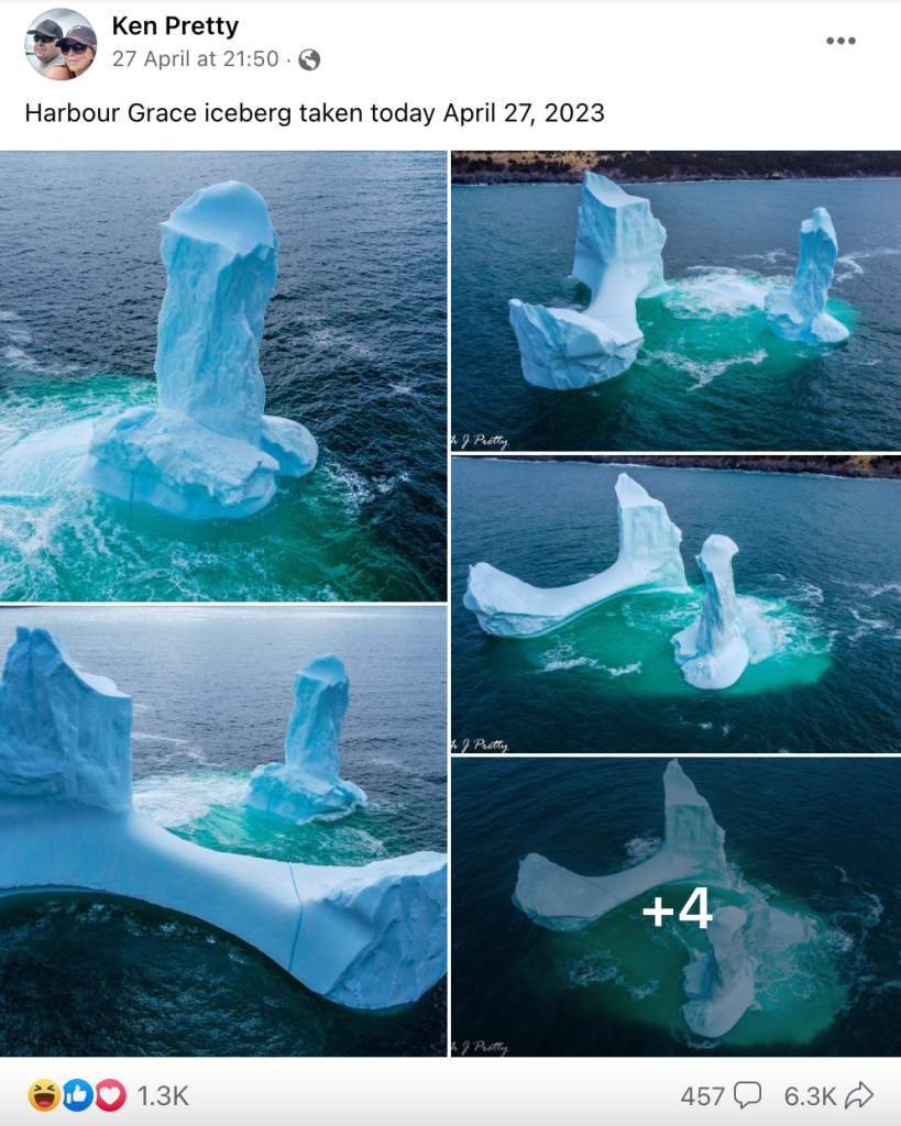 Photographer Ken Pretty has gone viral for shooting a penis-shaped iceberg off the coast of Dildo, Canada