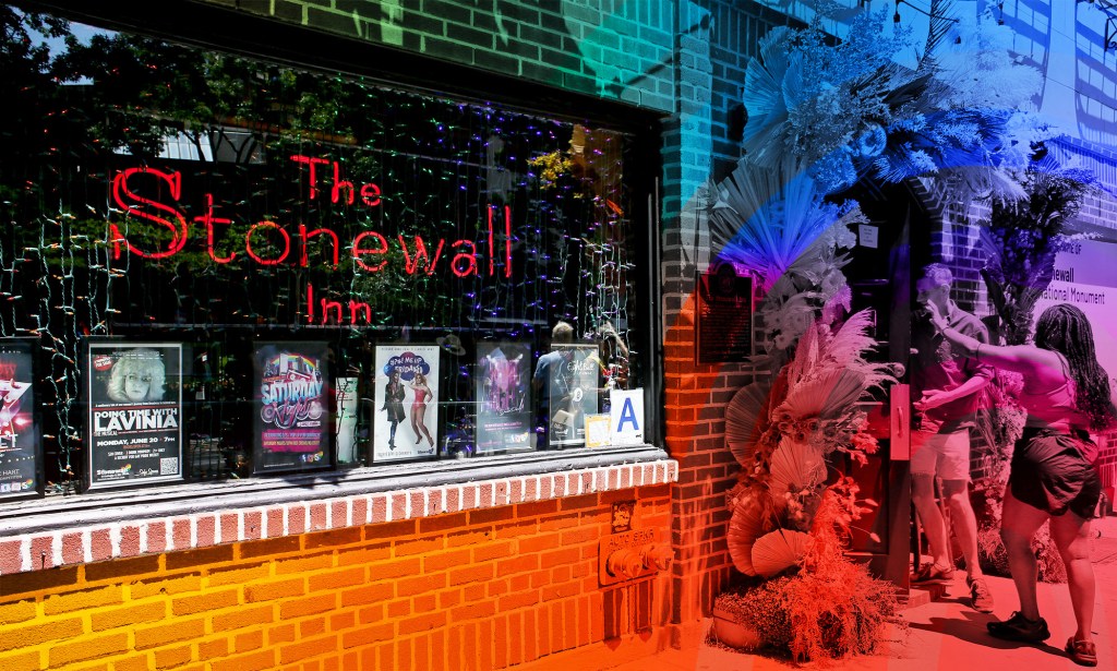 This is an image of the front of the Stonewall Inn in New York City. There is a creative overlay highlight the rainbow colours of the Pride flag. 