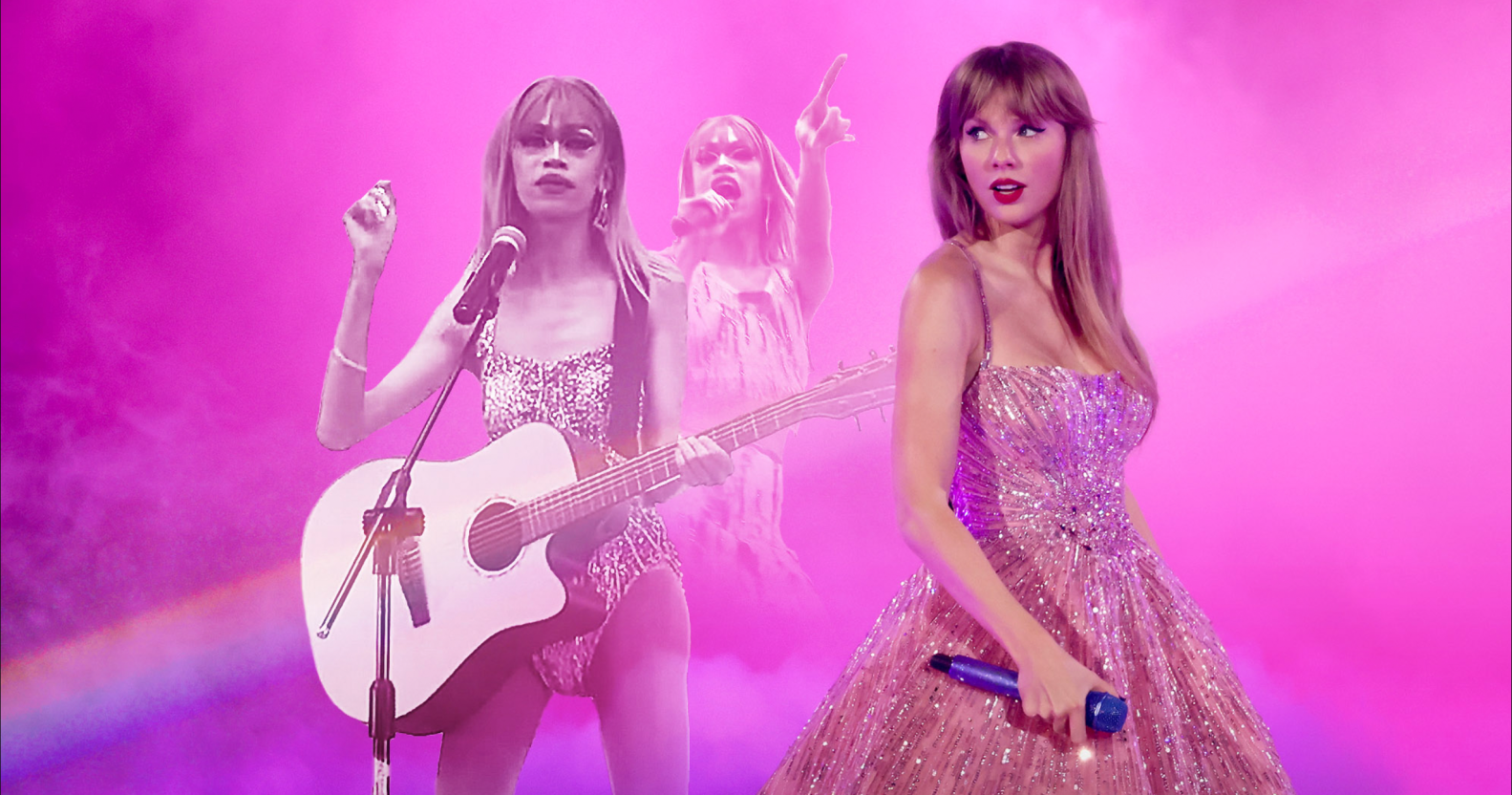 A purple image made up of drag queen Taylor Sheesh performing, next to Taylor Swift performing during her Eras Tour.