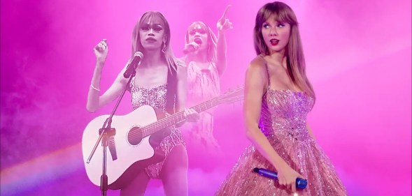 A purple image made up of drag queen Taylor Sheesh performing, next to Taylor Swift performing during her Eras Tour.