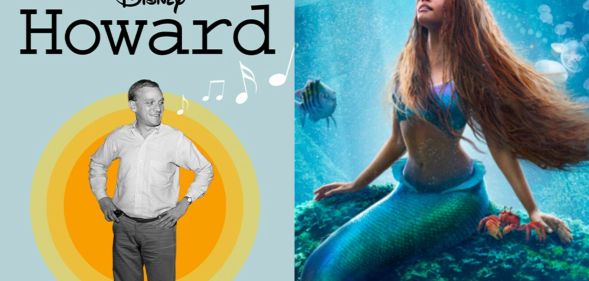 On the left, the promotional image for Disney+ documentary Howard. On the right, a promotional image for Disney's A Little Mermaid remake.