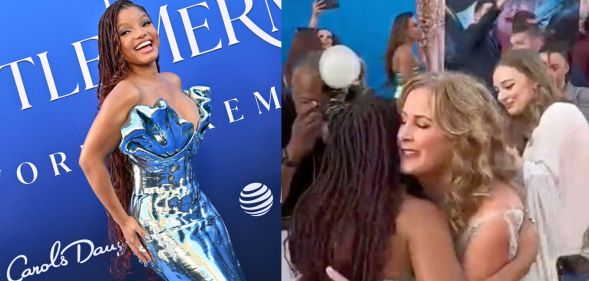 Composite photo of Halle Bailey on the red carpet with her hugging Jodi Benson