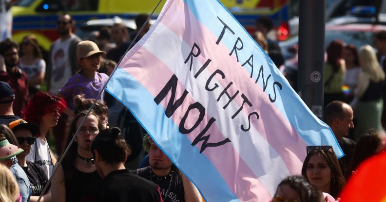A person holds a giant trans flag that reads 'trans rights now'