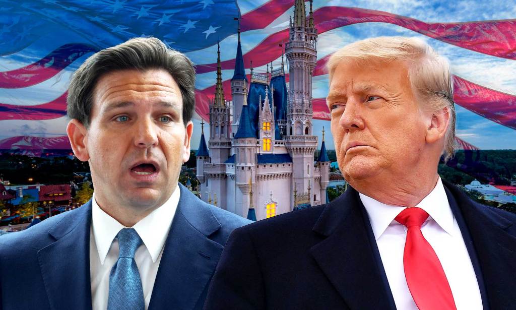 An edited image shows Ron DeSantis on the left, Donald Trump on the right, with the Disney castle pictured in the middle set against an American flag.