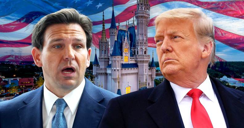 An edited image shows Ron DeSantis on the left, Donald Trump on the right, with the Disney castle pictured in the middle set against an American flag.
