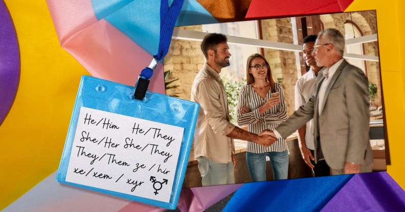 This is a collage image showing a group of people shaking hands. On the left side, there is a graphic of a name tag with 'he/they' pronouns written in script font.