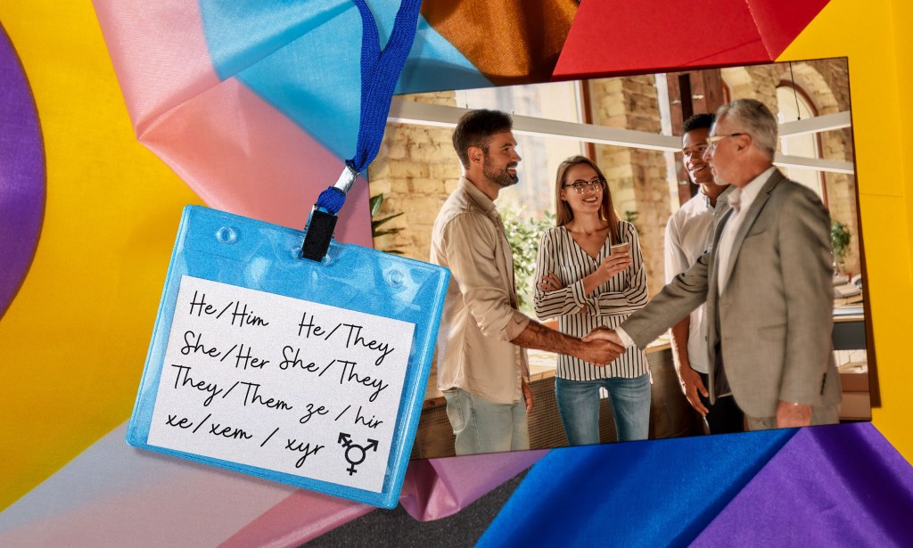 This is a collage image showing a group of people shaking hands. On the left side, there is a graphic of a name tag with 'he/they' pronouns written in script font.