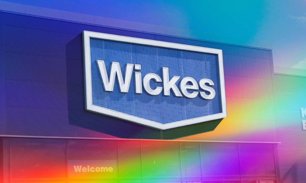 This is an image of a storefront of Wickes. There is a rainbow prism over the top of the image.