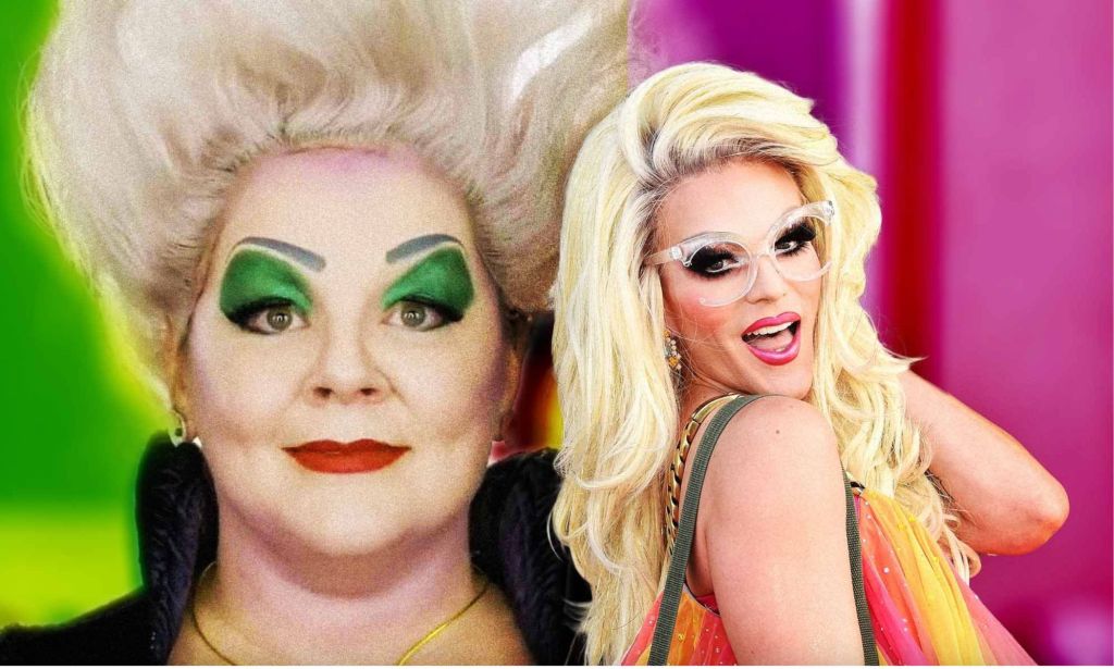 On the right, drag race legend Willam wears bright blonde hair, glasses and an orange strapped top while smiling at the camera. On the left, Melissa McCarthy is dressed as Little Mermaid's Ursula.