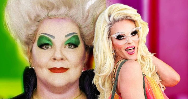 On the right, drag race legend Willam wears bright blonde hair, glasses and an orange strapped top while smiling at the camera. On the left, Melissa McCarthy is dressed as Little Mermaid's Ursula.