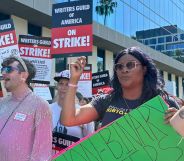 Trans and non-binary TV and film writers on the picket line outside Netflix in LA, as part of the ongoing writers' strike.