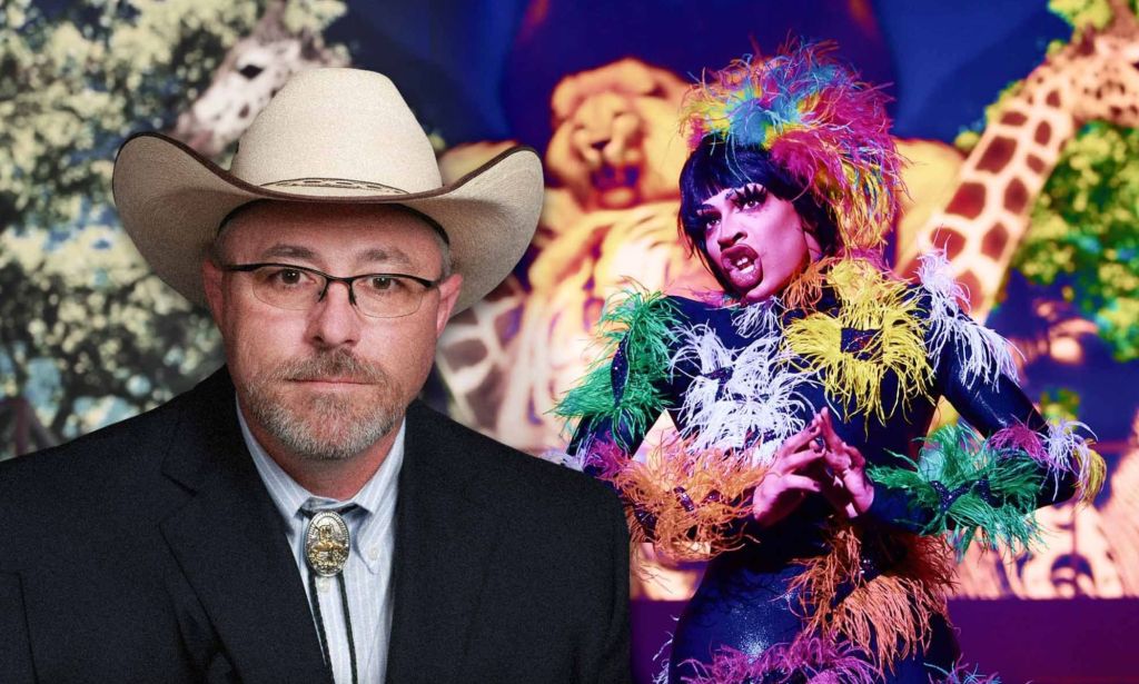 Oklahoma state representative Justin Humphries against a backdrop with Yvie Oddly performing.