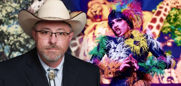 Oklahoma state representative Justin Humphries against a backdrop with Yvie Oddly performing.