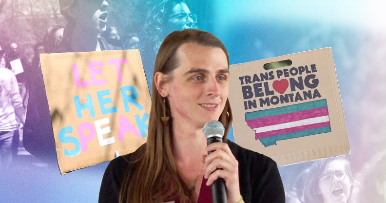 Zooey Zephyr edited into a split image of trans activists holding signs in support of her.