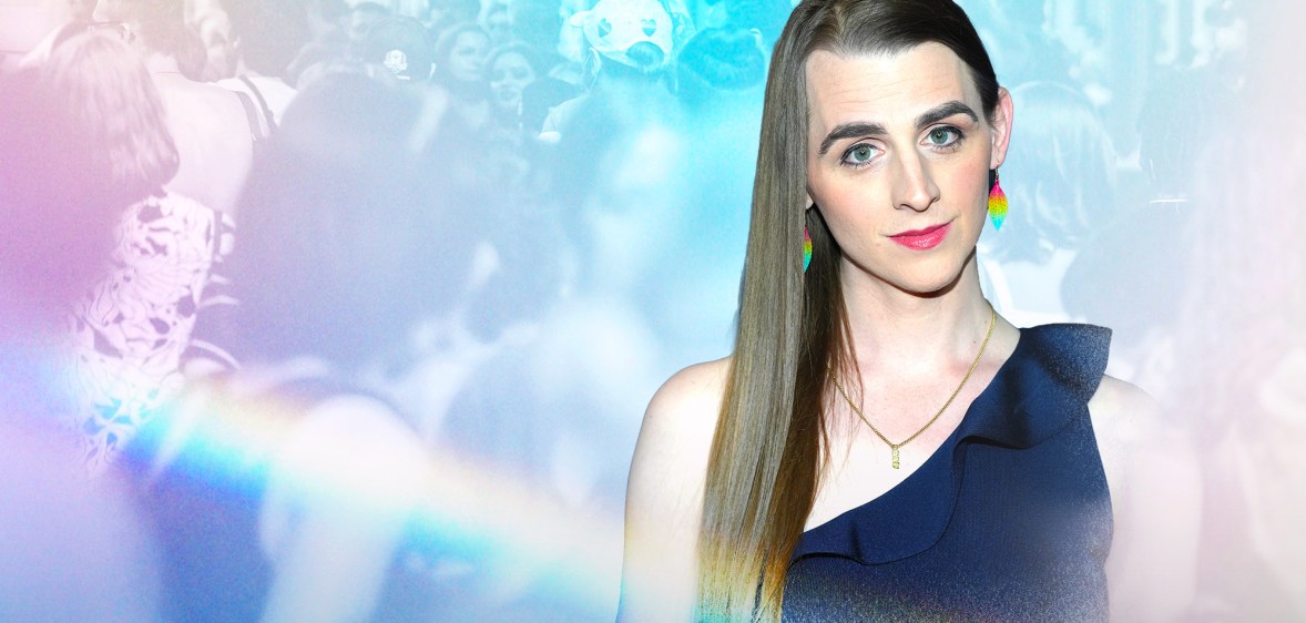 Zooey Zephyr edited into an image of protestors masked with a gradient of pink and blue.