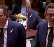 Side by side images of Dan Andrews, premier of the Australian state of Victoria, as he spoke out against anti-LGBTQ+ hate that resulted in a drag storytime event being cancelled