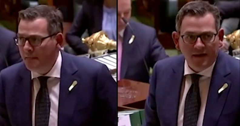 Side by side images of Dan Andrews, premier of the Australian state of Victoria, as he spoke out against anti-LGBTQ+ hate that resulted in a drag storytime event being cancelled