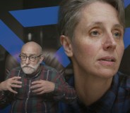 A composite graphic made of images of anti-trans activist Kathleen Stock and trans activist Dr Stephen Whittle from the Channel 4 documentary Gender Wars