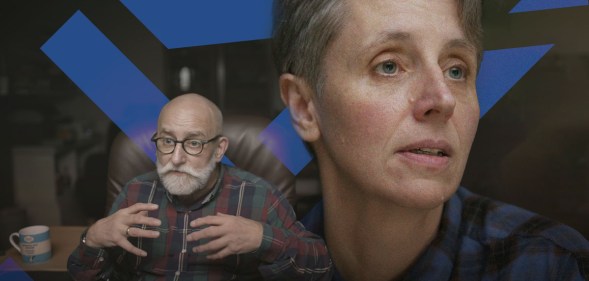 A composite graphic made of images of anti-trans activist Kathleen Stock and trans activist Dr Stephen Whittle from the Channel 4 documentary Gender Wars