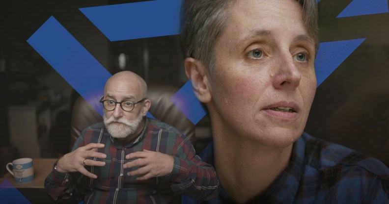 A composite graphic made of images of anti-trans activist Kathleen Stock and trans activist Dr Stephen Whittle from the Channel 4 documentary Gender Wars