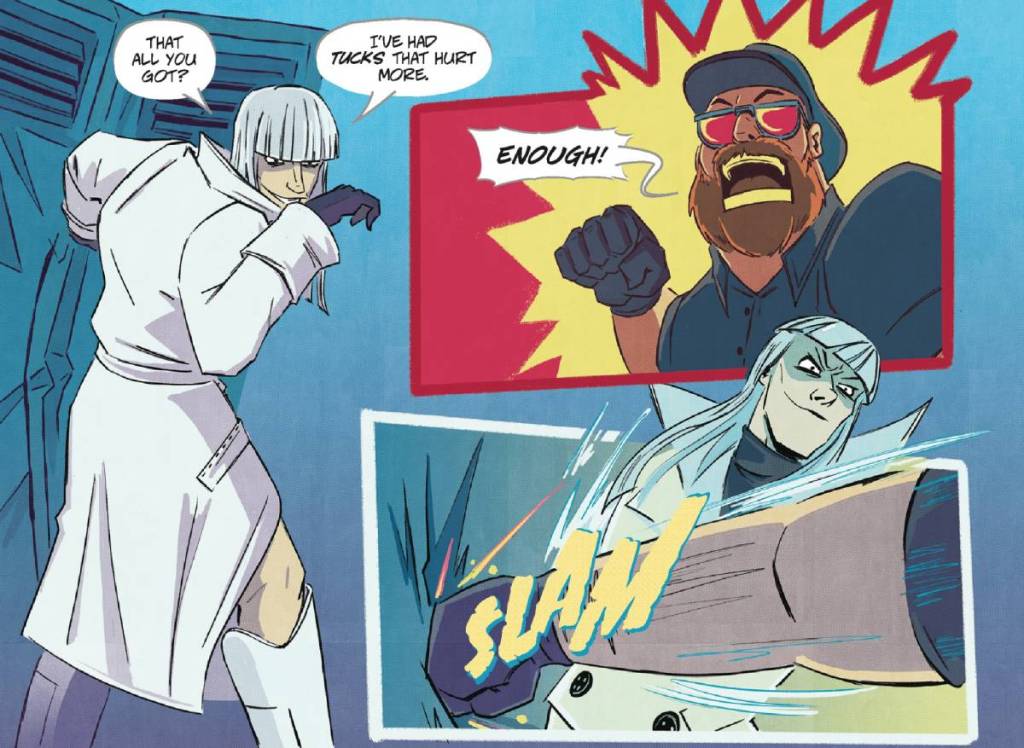 A screen shot of a strip from the comic book Death Drop: Drag Assassin showing a drag queen fighting against a large bad guy