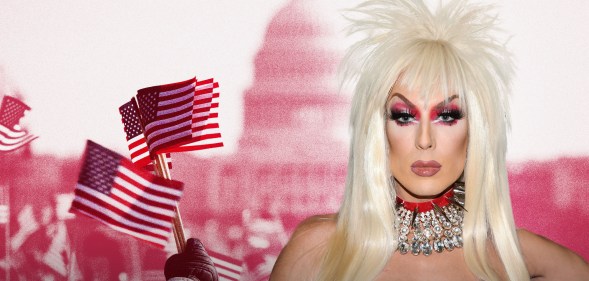 A graphic composed of an image of Drag Race icon Alaska Thunderf**k, people holding American flags