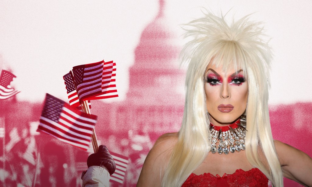 A graphic composed of an image of Drag Race icon Alaska Thunderf**k, people holding American flags