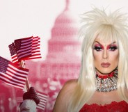 A graphic composed of an image of Drag Race icon Alaska Thunderf**k, people holding American flags
