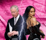 Composite image of model Munroe Bergdorf with King Charles III on a pink background