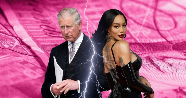 Composite image of model Munroe Bergdorf with King Charles III on a pink background