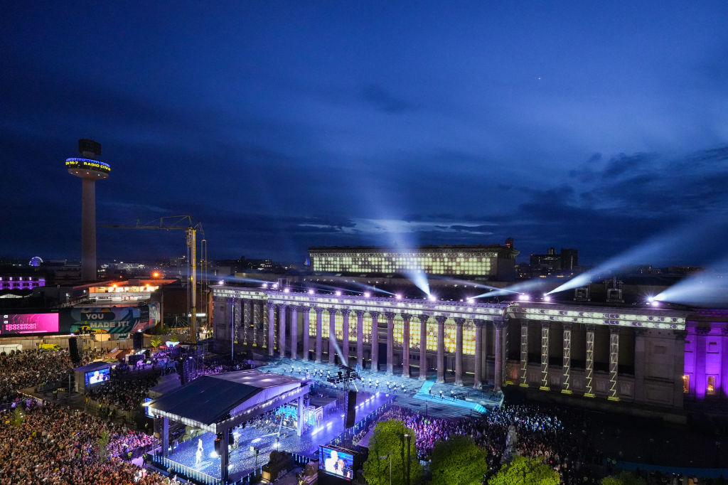 A general view towards the end of the National Lottery's Big Eurovision Welcome event outside St George's Hall on May 07, 2023. 