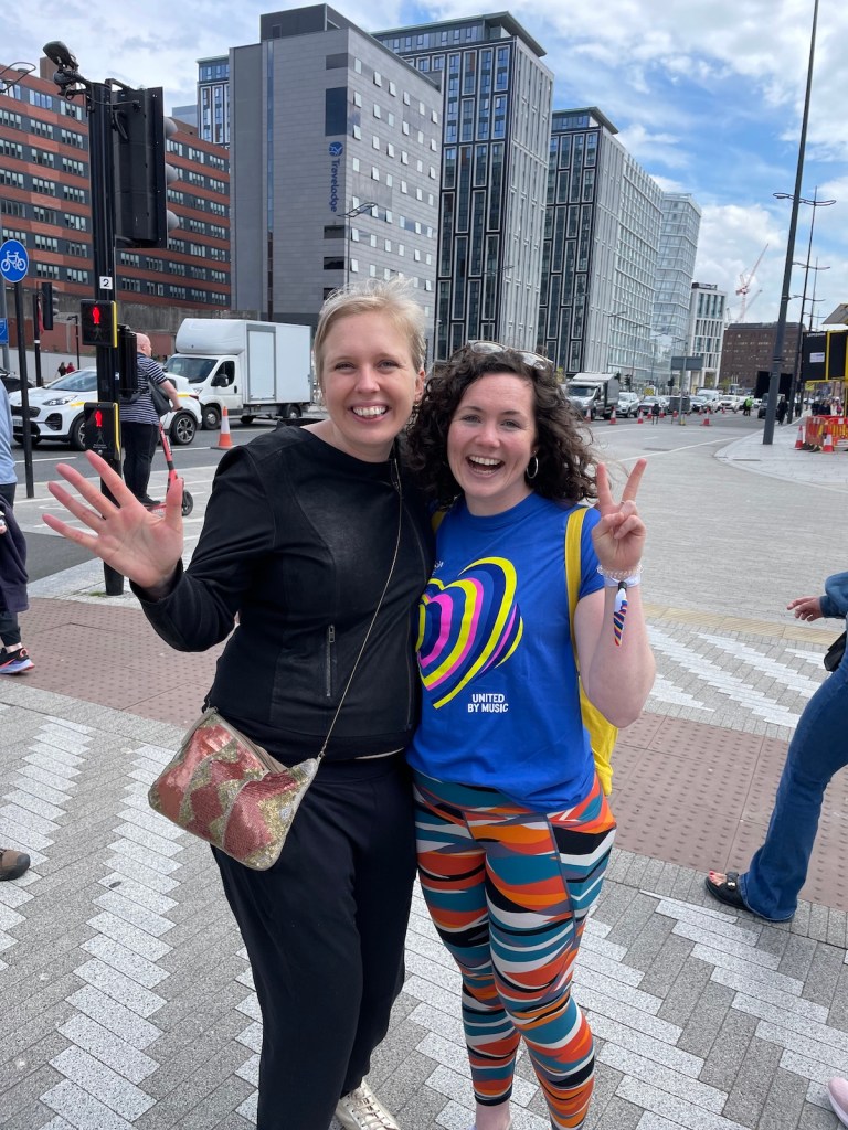 Lucy (L) and Sarah (R) in Liverpool for the Eurovision Song Contest.