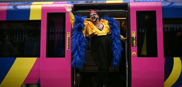 A Eurovision super-fan arrives at Lime Street Station in Liverpool, northern England on May 9, 2023, ahead of the first semi-final of the Eurovision.