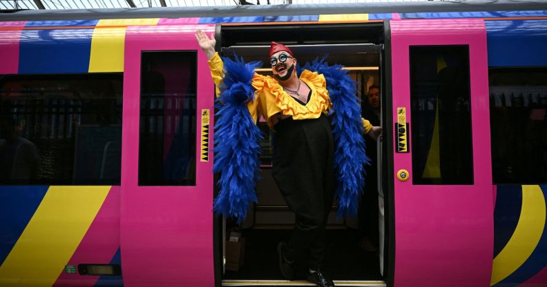 A Eurovision super-fan arrives at Lime Street Station in Liverpool, northern England on May 9, 2023, ahead of the first semi-final of the Eurovision.