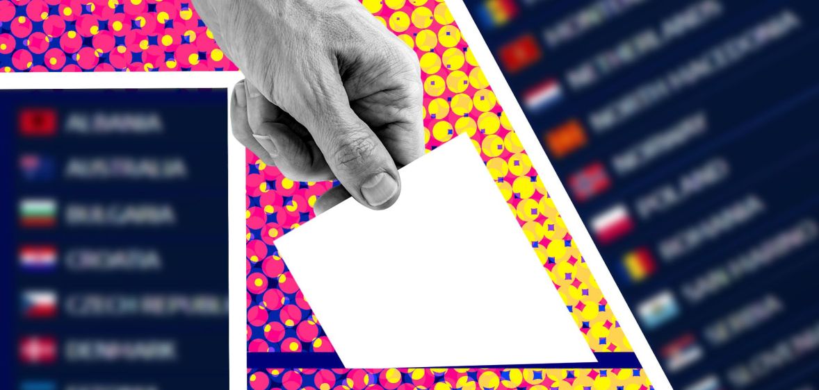A 2022 voting scandal at the Eurovision Song Contest has damaged trust and reinforced stereotypes that it's all political. Here a graphic shows somebody putting a piece of paper into a voting box with colourful graphics.