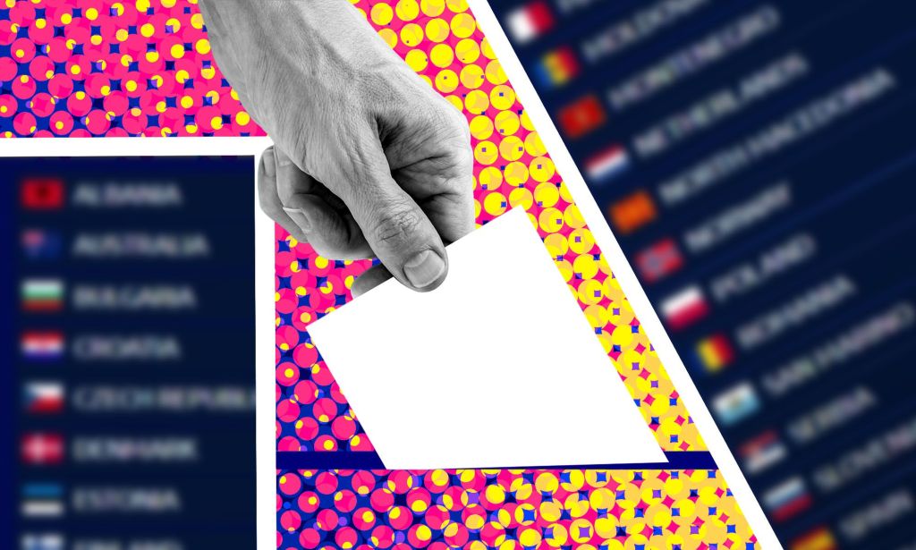 A 2022 voting scandal at the Eurovision Song Contest has damaged trust and reinforced stereotypes that it's all political. Here a graphic shows somebody putting a piece of paper into a voting box with colourful graphics.