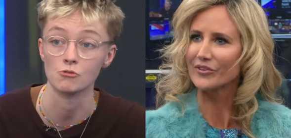 Two photos showing Riz Posnett, a white trans person with short blonde hair and glasses, and Lady Victoria Hervey, a white woman with long, curled blonde hair