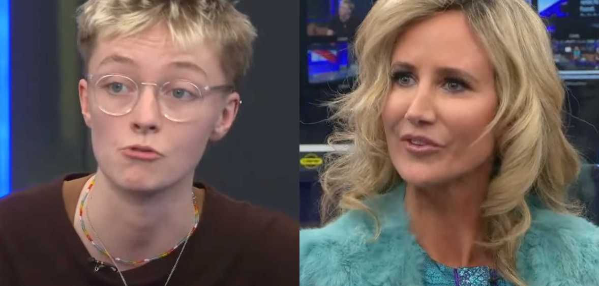 Two photos showing Riz Posnett, a white trans person with short blonde hair and glasses, and Lady Victoria Hervey, a white woman with long, curled blonde hair