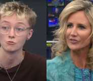 Two photos showing Riz Posnett, a white trans person with short blonde hair and glasses, and Lady Victoria Hervey, a white woman with long, curled blonde hair
