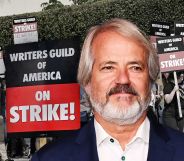 Graham Yost, creator of Silo, pictured against the background of a writers' strike protest with a sign saying "writers guild of America on strike!"