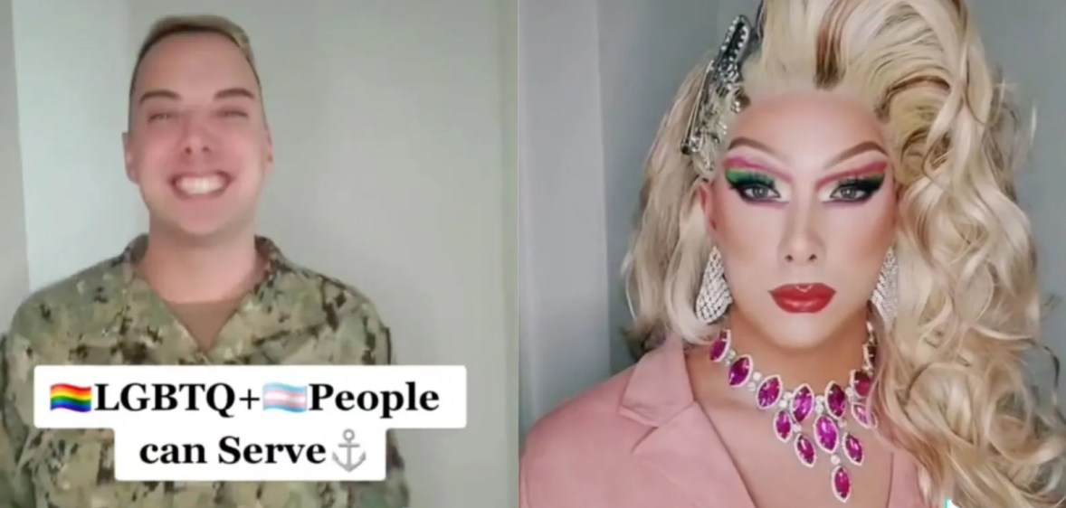 Side by side images of Yeoman 2nd Class Joshua Kelley in a US Navy uniform and Kelley's drag queen persona Harpy Daniels in a pink outfit