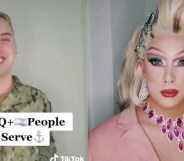 Side by side images of Yeoman 2nd Class Joshua Kelley in a US Navy uniform and Kelley's drag queen persona Harpy Daniels in a pink outfit