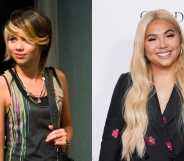 Hayley Kiyoko in Disney's Wizards fo Waverly Place (left) and on a red carpet