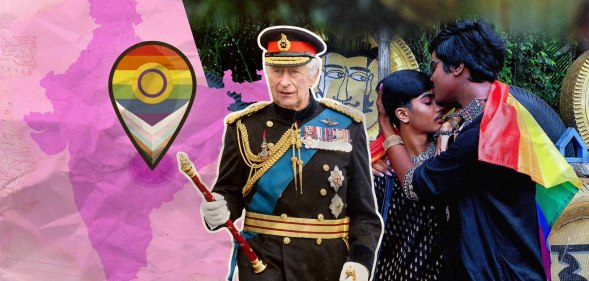 Collage of King Charles, two Indian people kissing, and a map of the world