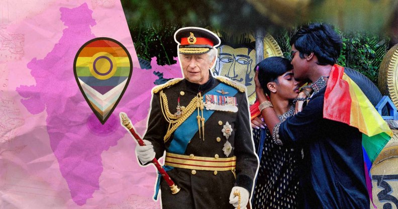 Collage of King Charles, two Indian people kissing, and a map of the world