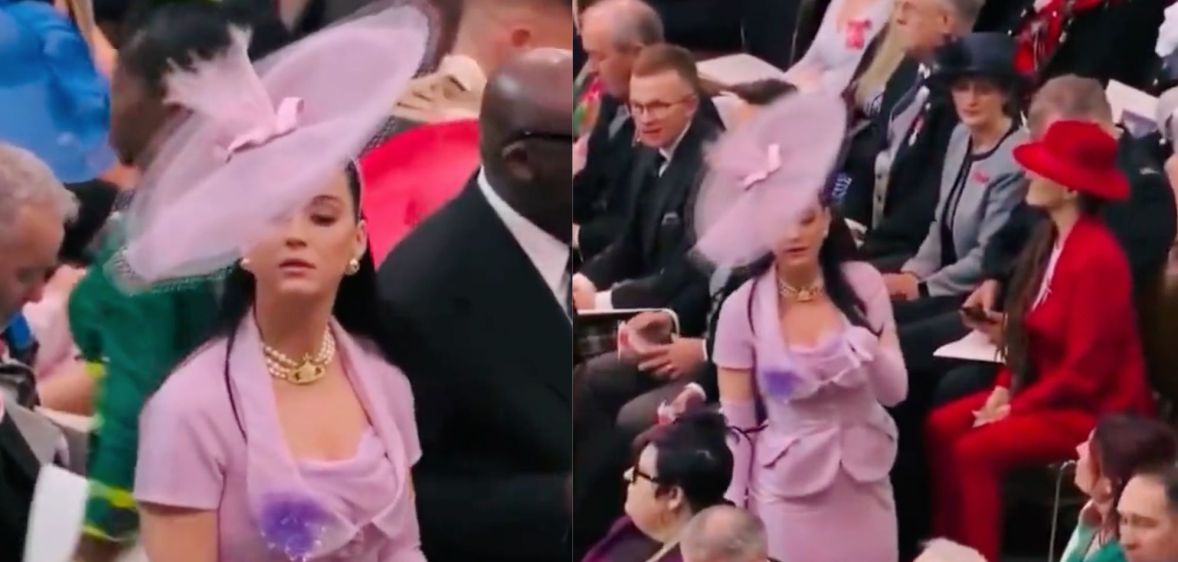 Side by side images of Katy Perry wearing pink as she tries to find her seat in Westminster Abbey for King Charles III's coronation