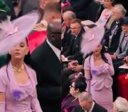 Side by side images of Katy Perry wearing pink as she tries to find her seat in Westminster Abbey for King Charles III's coronation