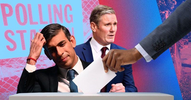 Rishi Sunak and Keir Starmer in front of a polling station sign