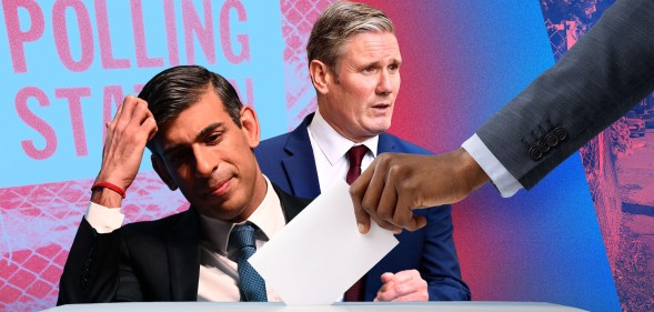 Rishi Sunak and Keir Starmer in front of a polling station sign
